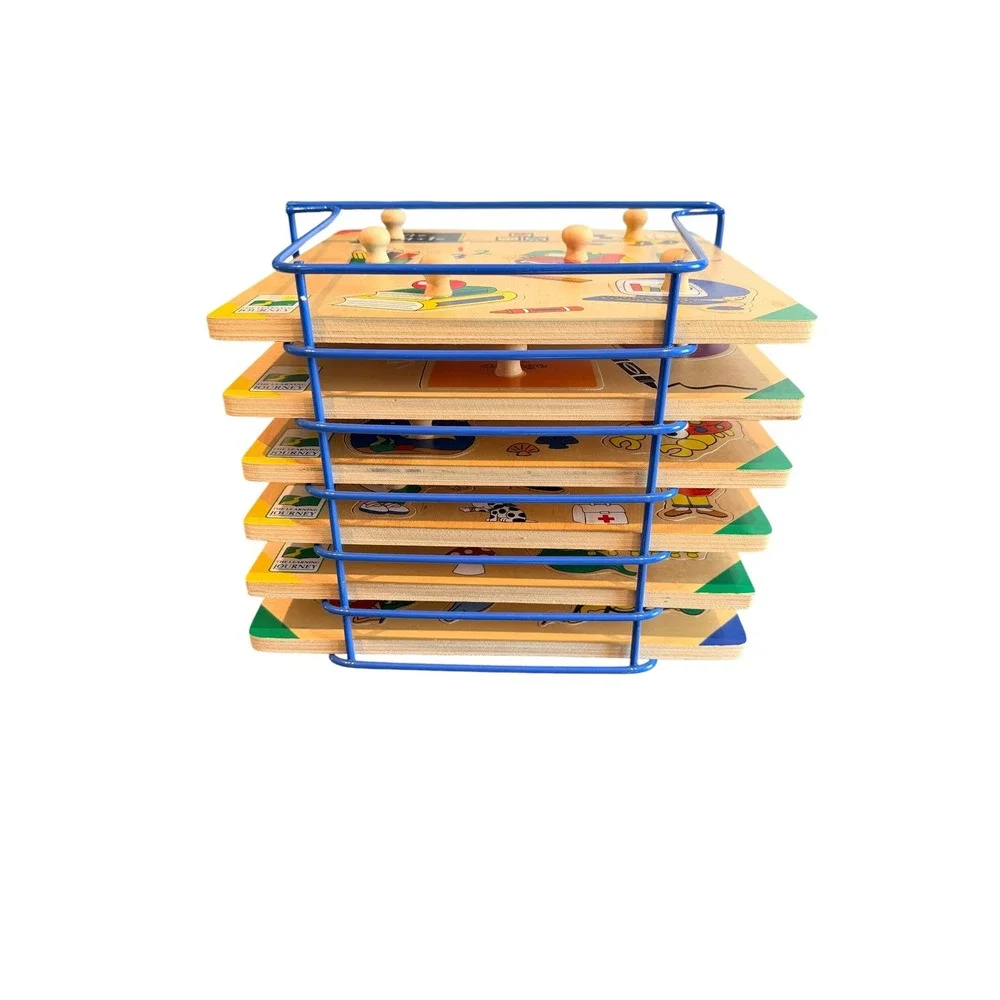 The Learning Journey Wooden Peg Puzzle Set of 6 with Blue Metal Storage Rack